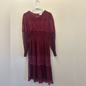 Bohme Burgundy Maroon Polka Dot Lace Sleeves Dress Size Medium EUC